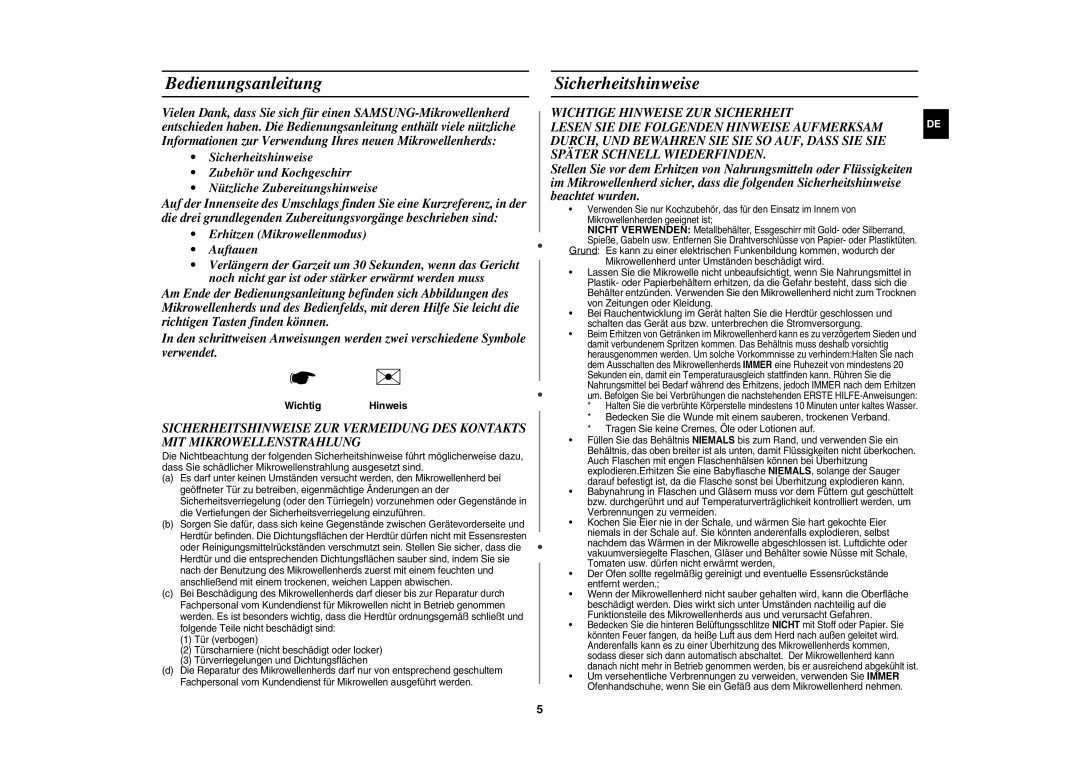 Samsung CE1071AT/XAG manual Bedienungsanleitung, Sicherheitshinweise, Wichtig Hinweis 