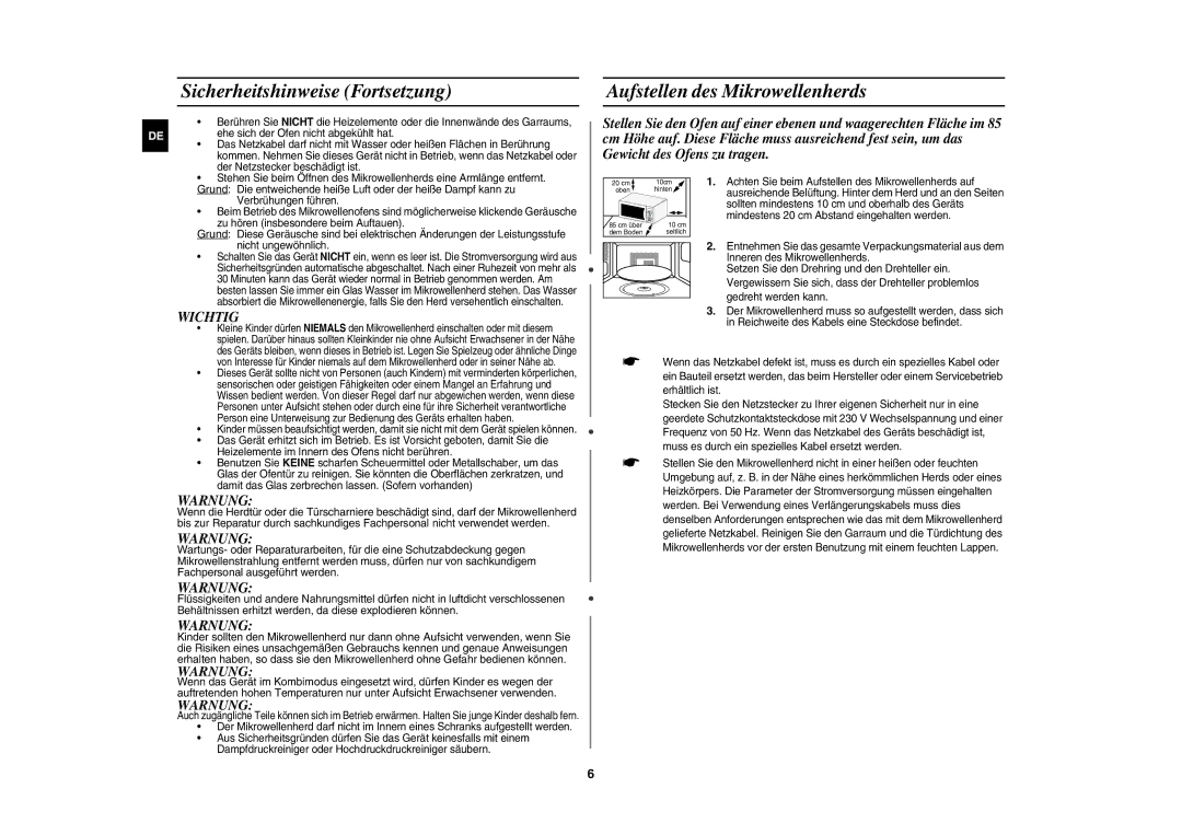 Samsung CE1071AT/XAG manual Sicherheitshinweise Fortsetzung, Aufstellen des Mikrowellenherds, Wichtig, Warnung 