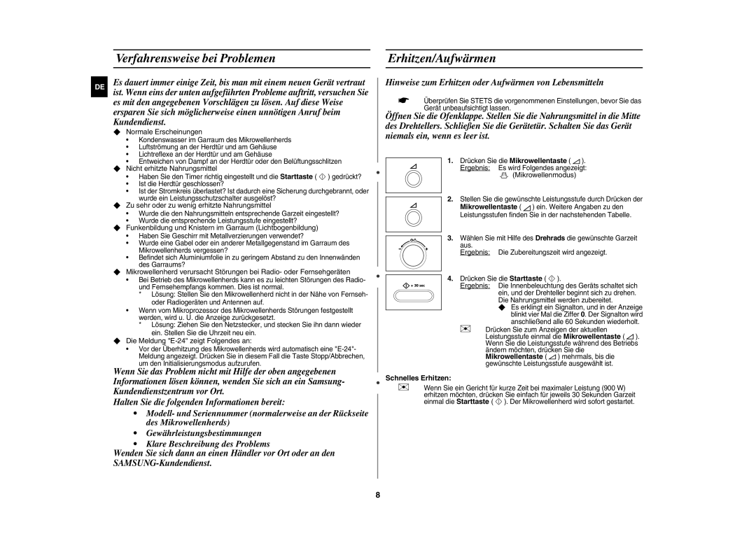 Samsung CE1071AT/XAG manual Verfahrensweise bei Problemen, Erhitzen/Aufwärmen, Schnelles Erhitzen 