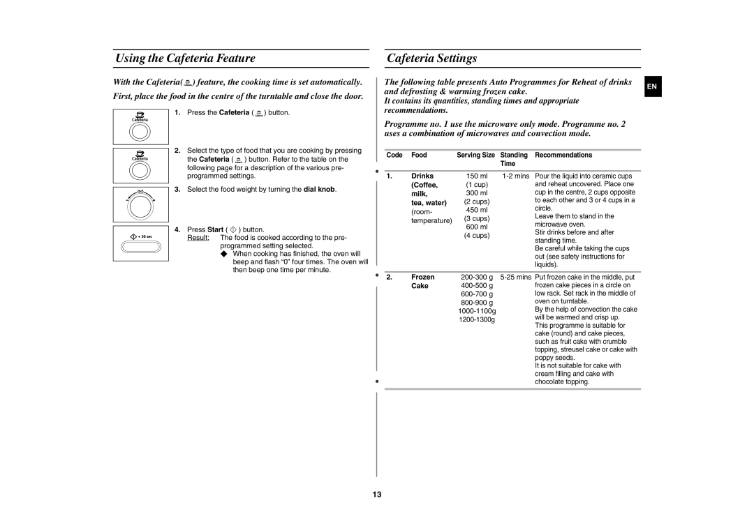 Samsung CE1071AT/XAG manual Using the Cafeteria Feature Cafeteria Settings 