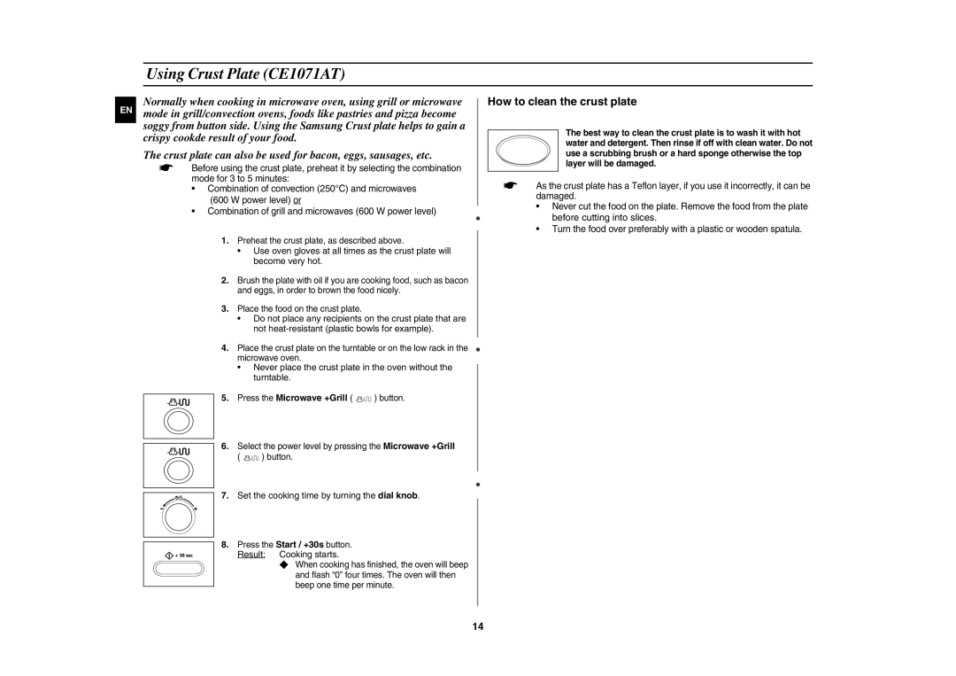 Samsung CE1071AT/XAG manual Using Crust Plate CE1071AT, Set the cooking time by turning the dial knob 