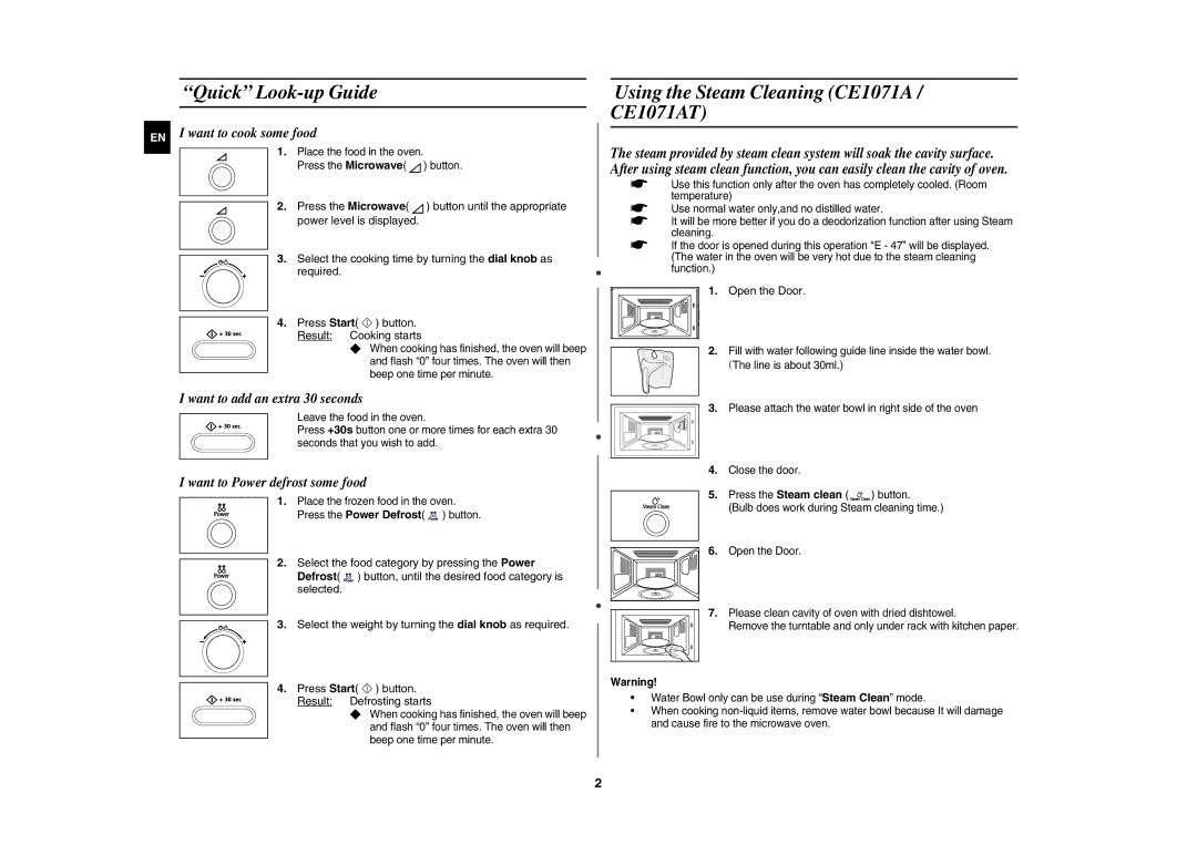 Samsung CE1071AT/XAG manual Quick Look-up Guide, Using the Steam Cleaning CE1071A / CE1071AT, Press the Microwave, Required 