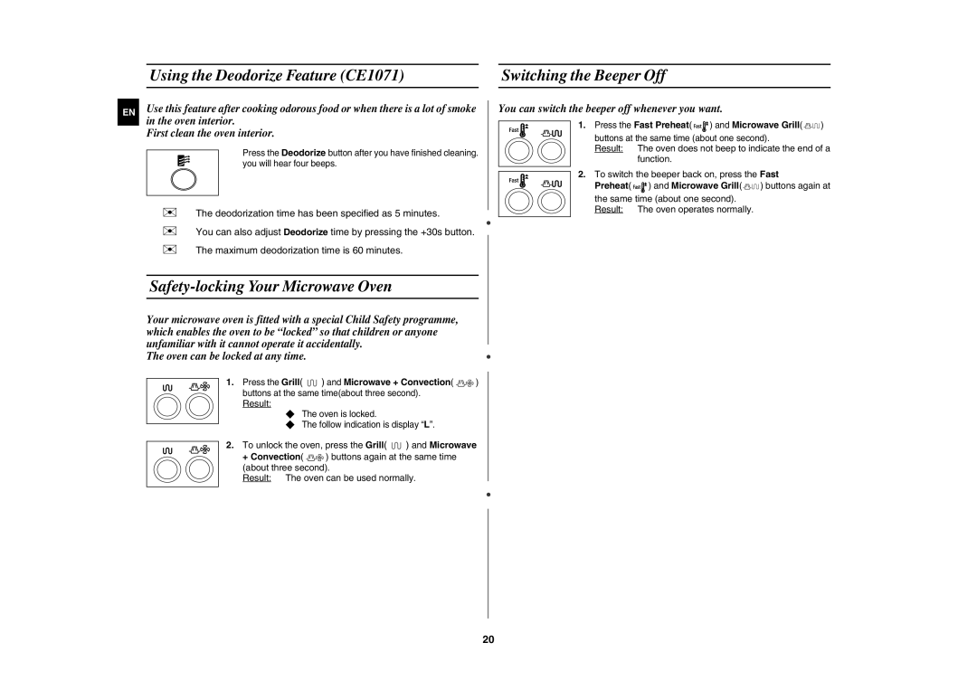 Samsung CE1071AT/XAG manual Using the Deodorize Feature CE1071 Switching the Beeper Off, Safety-locking Your Microwave Oven 