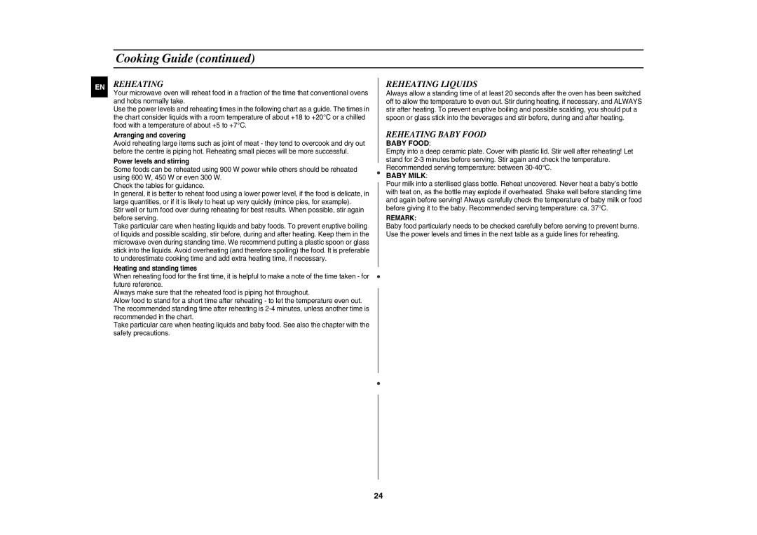 Samsung CE1071AT/XAG manual Reheating Liquids, Reheating Baby Food 