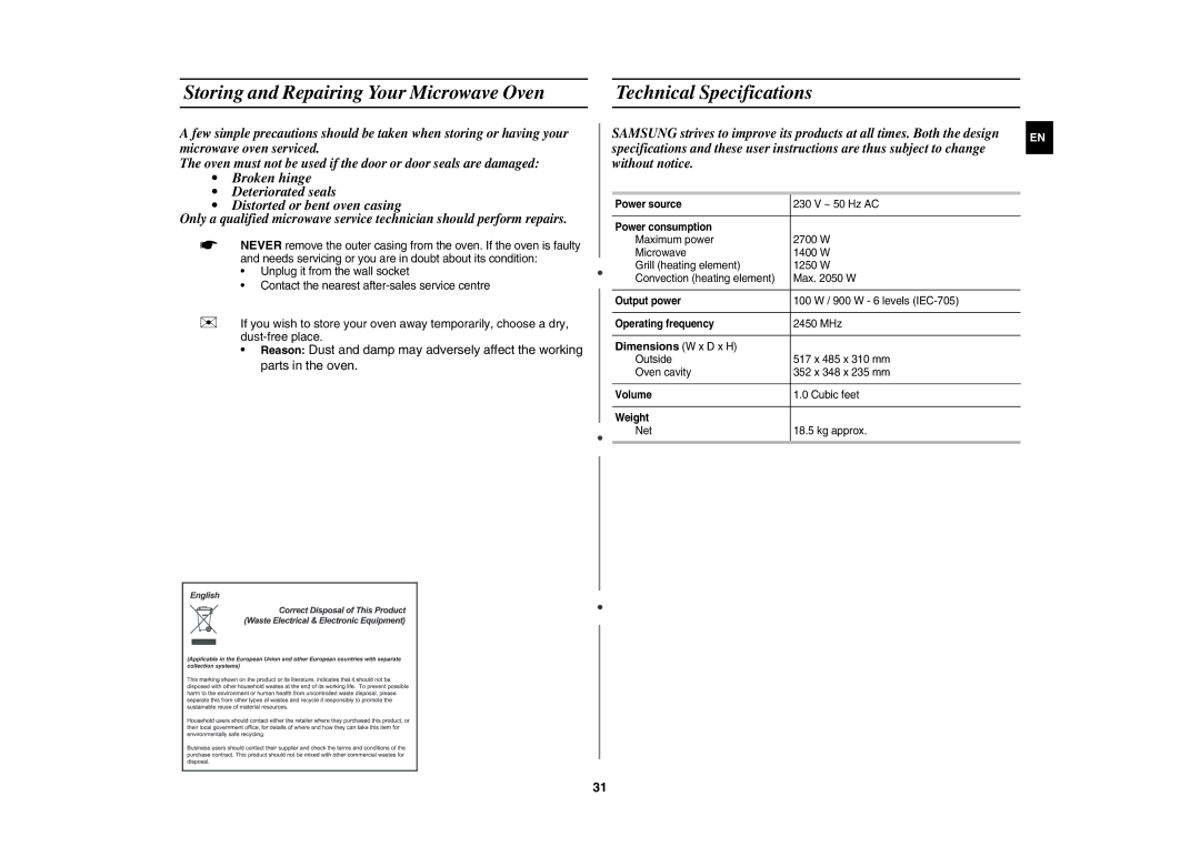 Samsung CE1071AT/XAG manual Dimensions W x D x H 