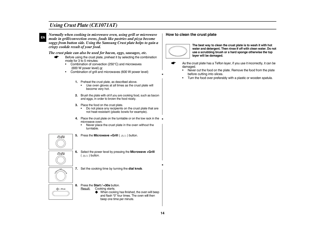 Samsung CE1071AT/XEH manual Using Crust Plate CE1071AT, Set the cooking time by turning the dial knob 