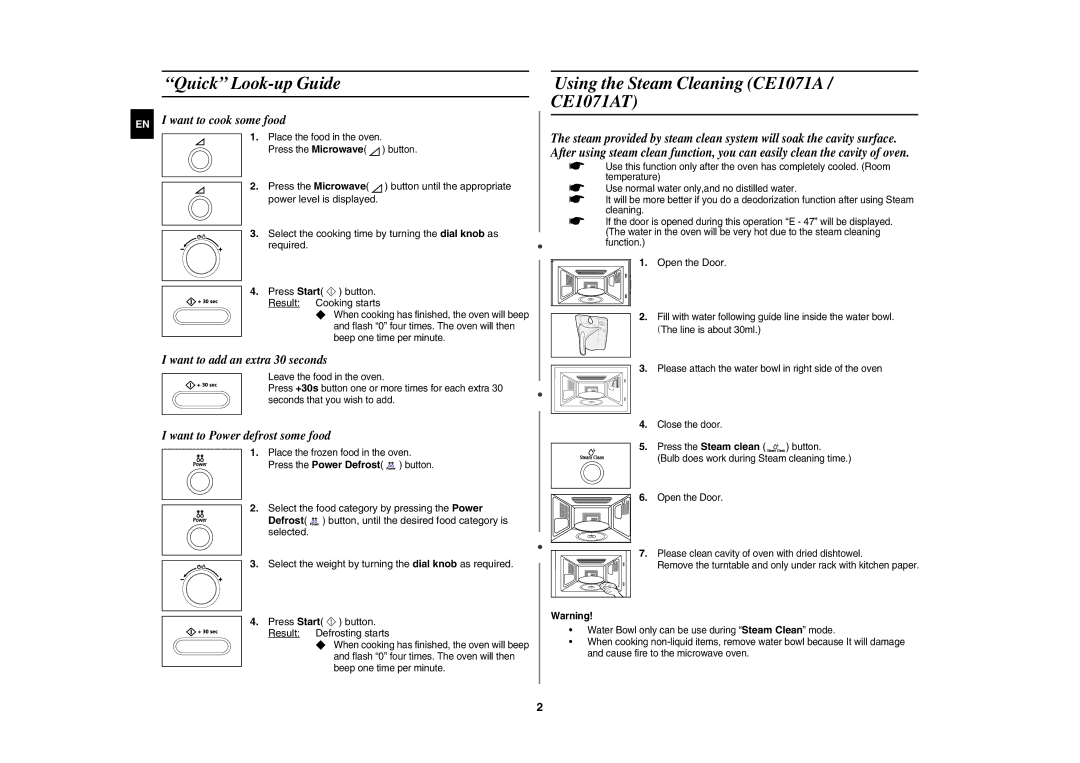 Samsung CE1071AT/XEH manual Quick Look-up Guide, Using the Steam Cleaning CE1071A / CE1071AT, Press the Microwave, Required 