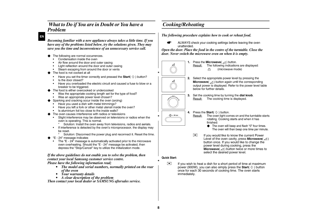 Samsung CE1071AT/XEH manual What to Do if You are in Doubt or You have a Problem, Cooking/Reheating, Quick Start 