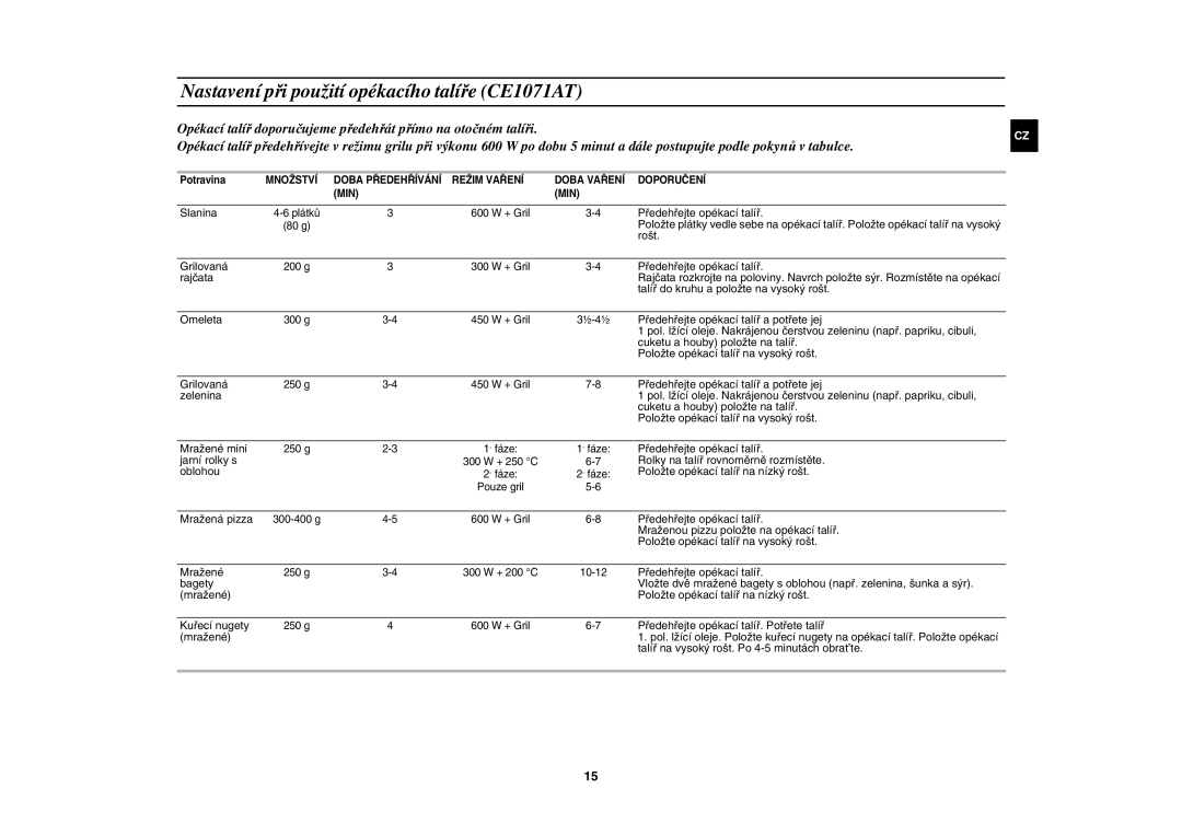Samsung CE1071AT/XEH manual Nastavení při použití opékacího talíře CE1071AT 