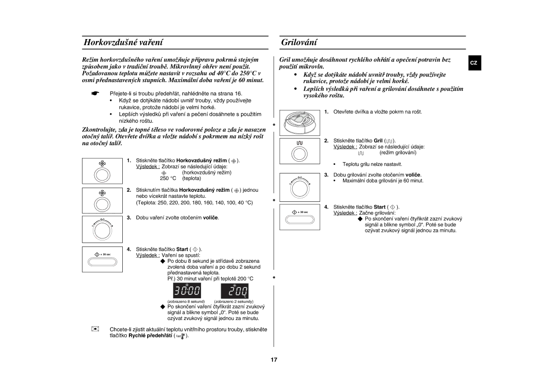 Samsung CE1071AT/XEH manual Horkovzdušné vaření, Grilování, Dobu grilování zvolte otočením voliče 