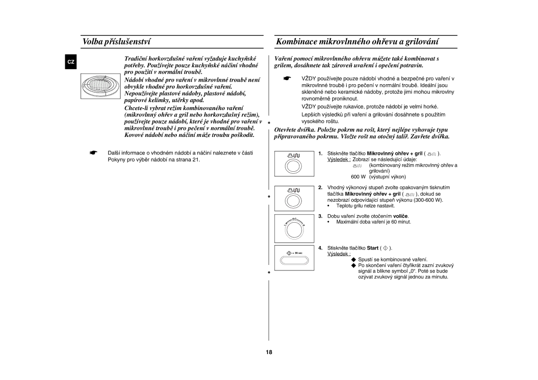 Samsung CE1071AT/XEH manual Volba příslušenství, Kombinace mikrovlnného ohřevu a grilování 