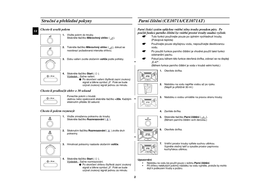 Samsung CE1071AT/XEH manual Stručné a přehledné pokyny, Parní čištění CE1071A/CE1071AT, Upozornění 