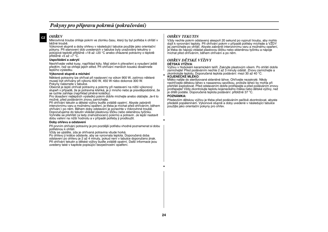 Samsung CE1071AT/XEH manual Ohřev Tekutin, Ohřev Dětské Výživy 