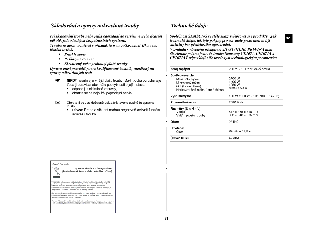 Samsung CE1071AT/XEH manual Skladování a opravy mikrovlnné trouby, Technické údaje 