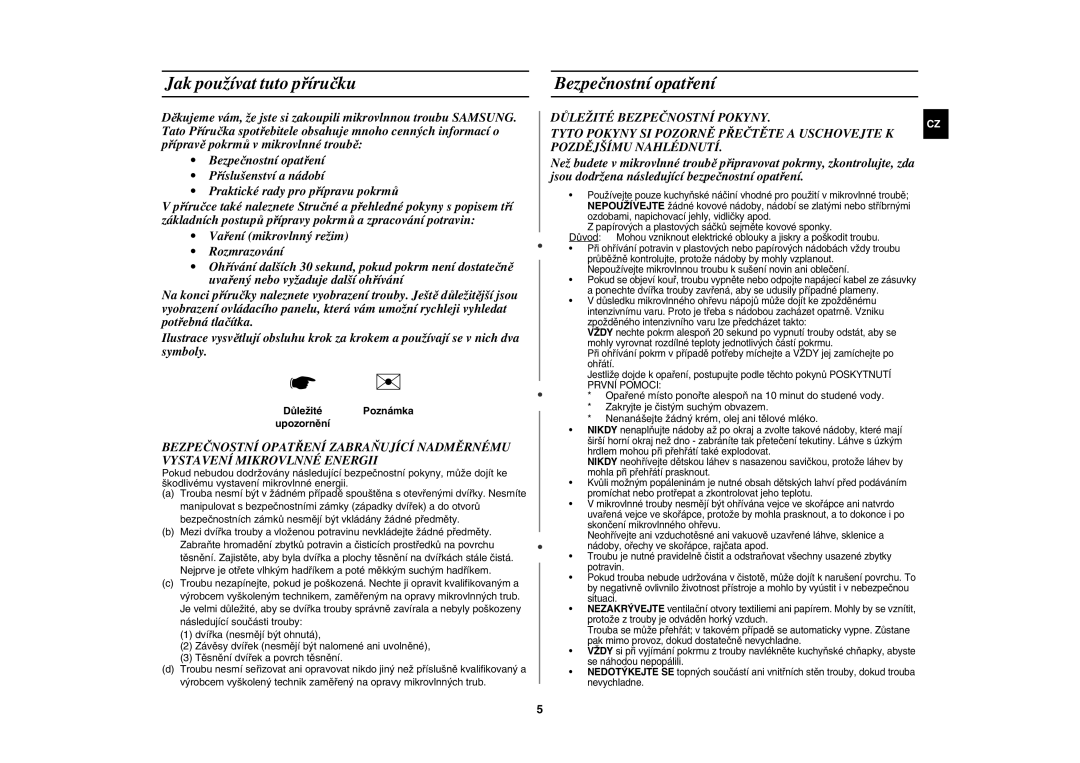 Samsung CE1071AT/XEH manual Jak používat tuto příručku, Bezpečnostní opatření, DůležitéPoznámka upozornění 