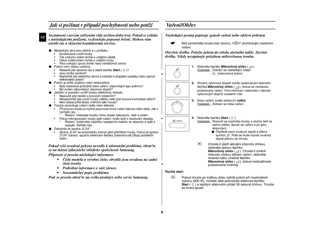 Samsung CE1071AT/XEH manual Jak si počínat v případě pochybností nebo potíží, Vaření/Ohřev, Rychlý start 