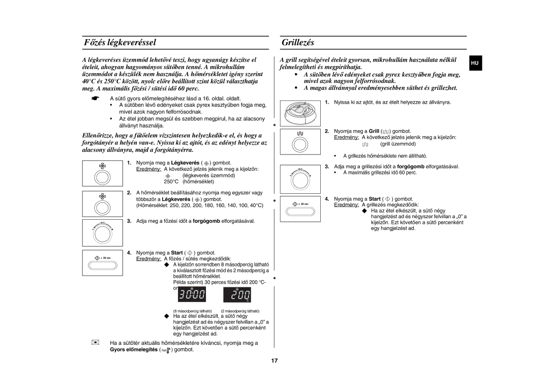 Samsung CE1071AT/XEH manual Főzés légkeveréssel, Grillezés 