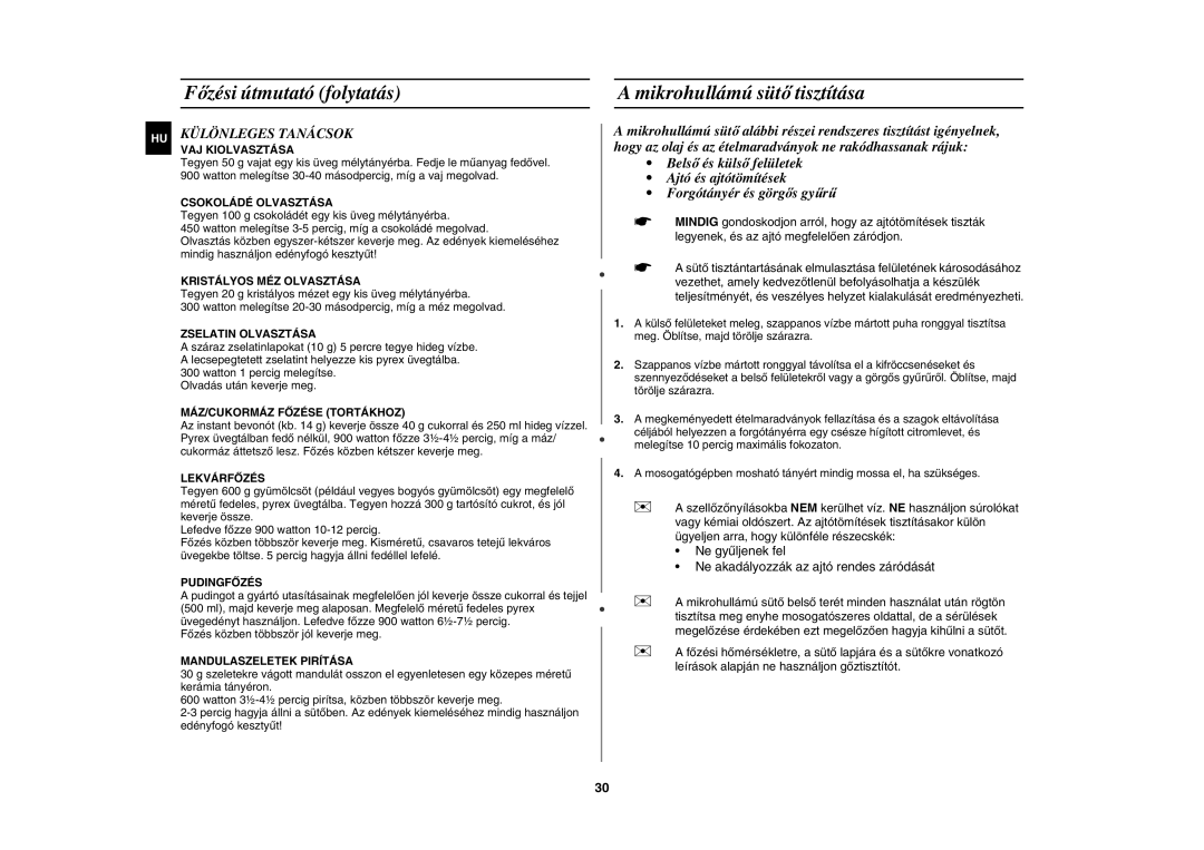 Samsung CE1071AT/XEH manual Mikrohullámú sütő tisztítása, HU Különleges Tanácsok 