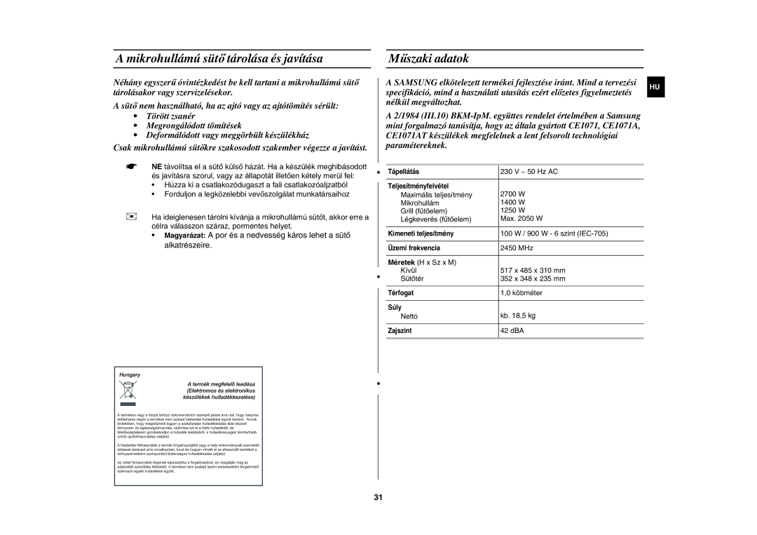 Samsung CE1071AT/XEH manual Mikrohullámú sütő tárolása és javítása, Műszaki adatok 