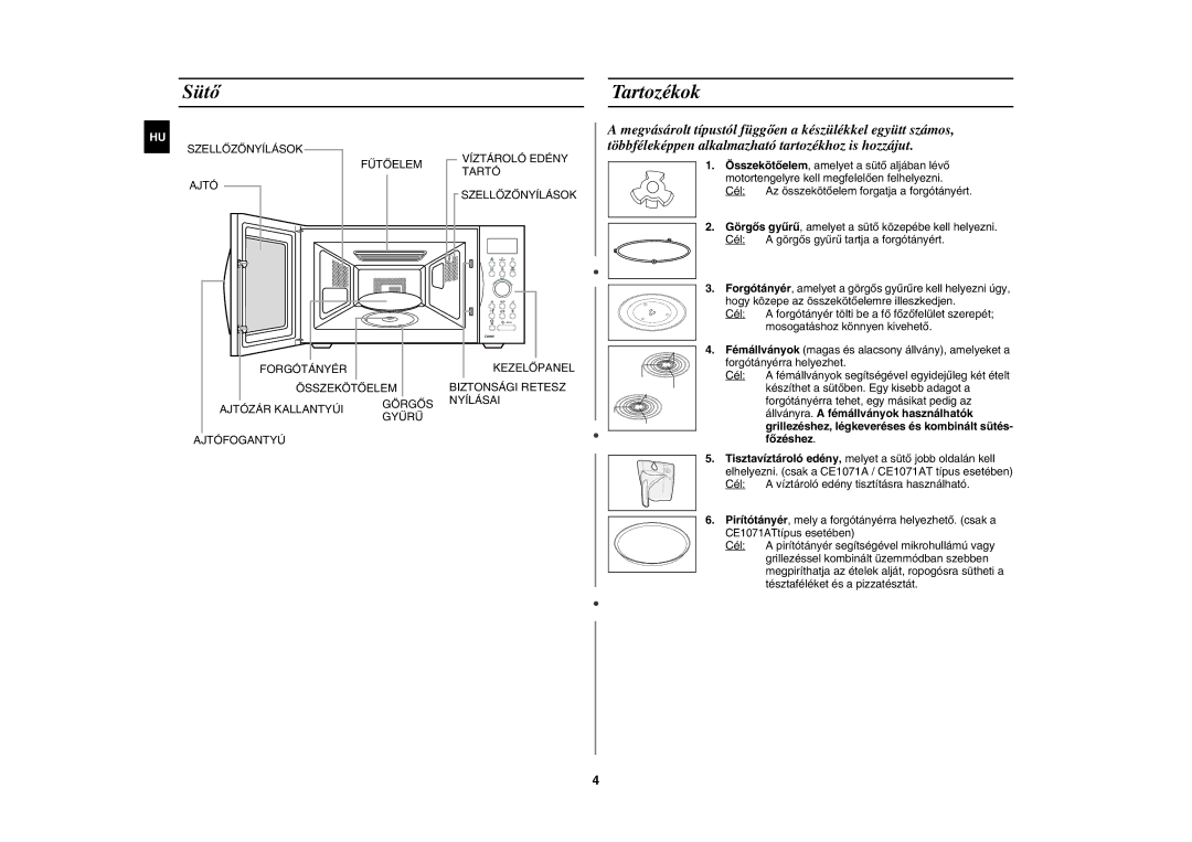 Samsung CE1071AT/XEH manual Sütő, Tartozékok, Állványra. a fémállványok használhatók, Főzéshez 