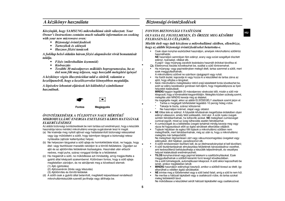 Samsung CE1071AT/XEH manual Kézikönyv használata, Biztonsági óvintézkedések, FontosMegjegyzés 