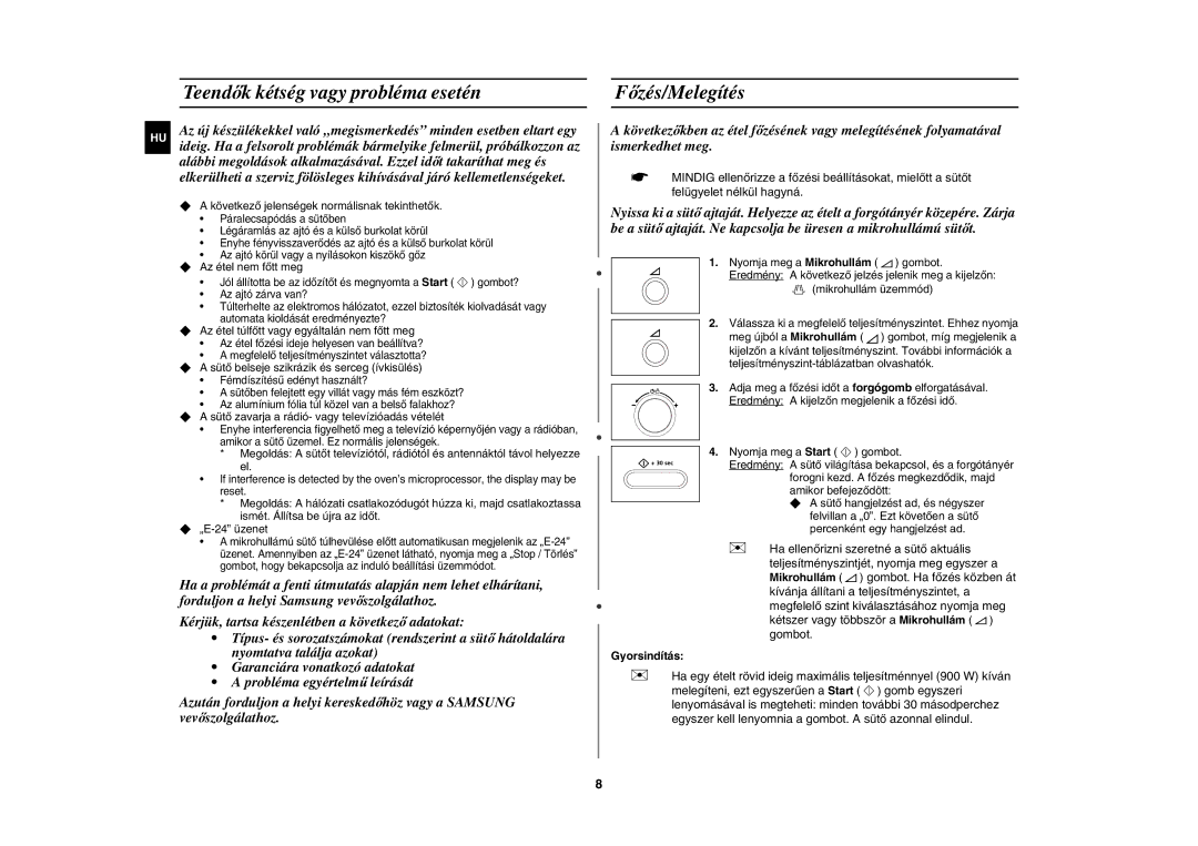 Samsung CE1071AT/XEH manual Teendők kétség vagy probléma esetén, Főzés/Melegítés, Gyorsindítás 