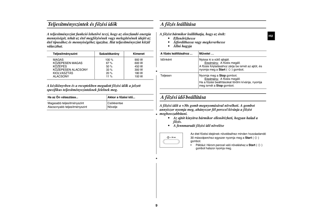 Samsung CE1071AT/XEH manual Teljesítményszintek és főzési idők, Főzés leállítása, Főzési idő beállítása 