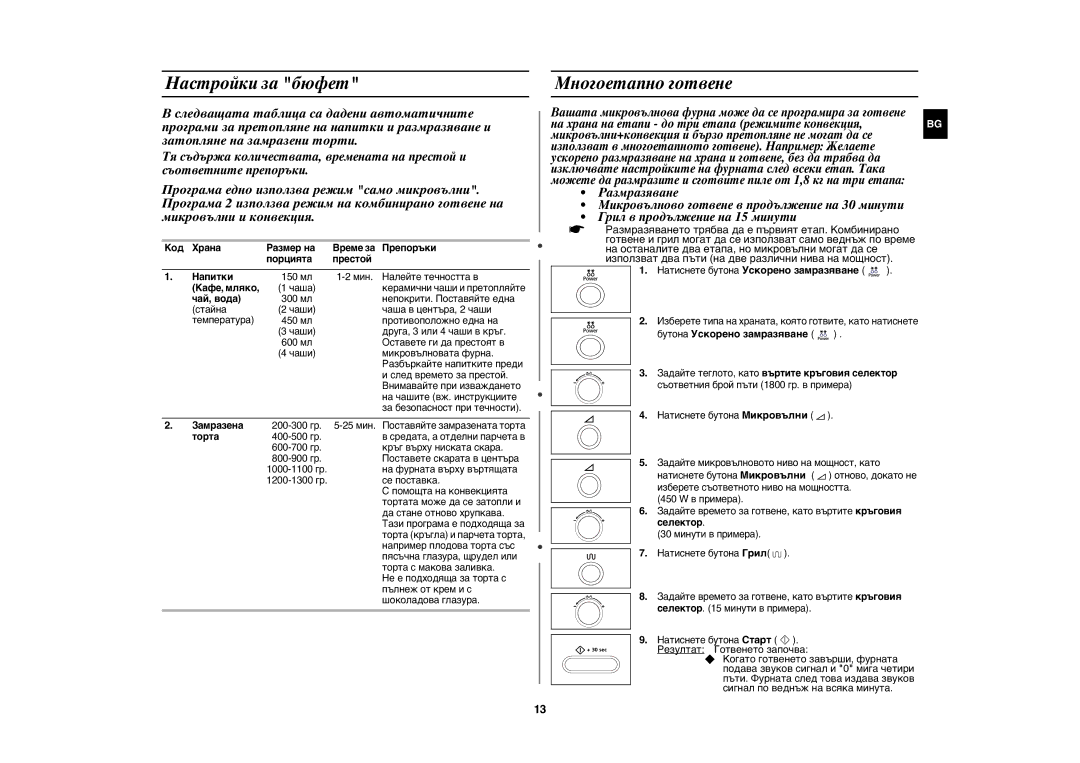 Samsung CE1071/BOL manual Настройки за бюфет, Многоетапно готвене, Бутона Ускорено замразяване 