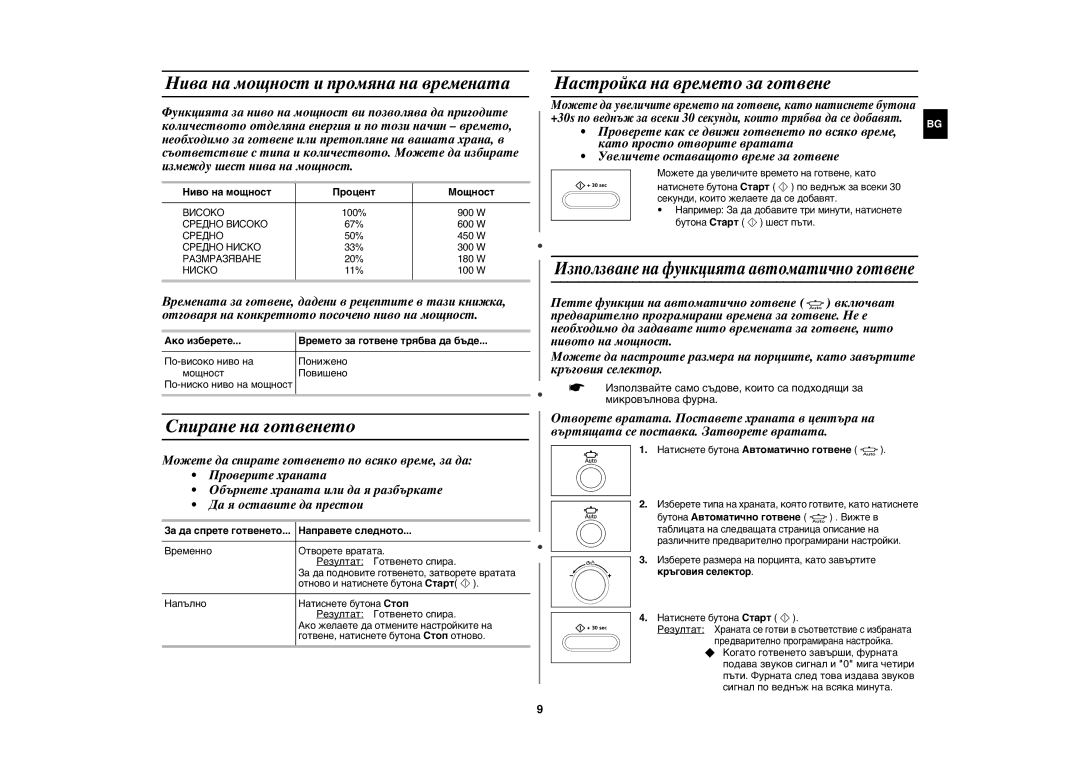 Samsung CE1071/BOL manual Спиране на готвенето, Нива на мощност и промяна на времената, Настройка на времето за готвене 