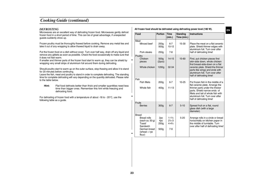 Samsung CE1071/BOL manual Defrosting 