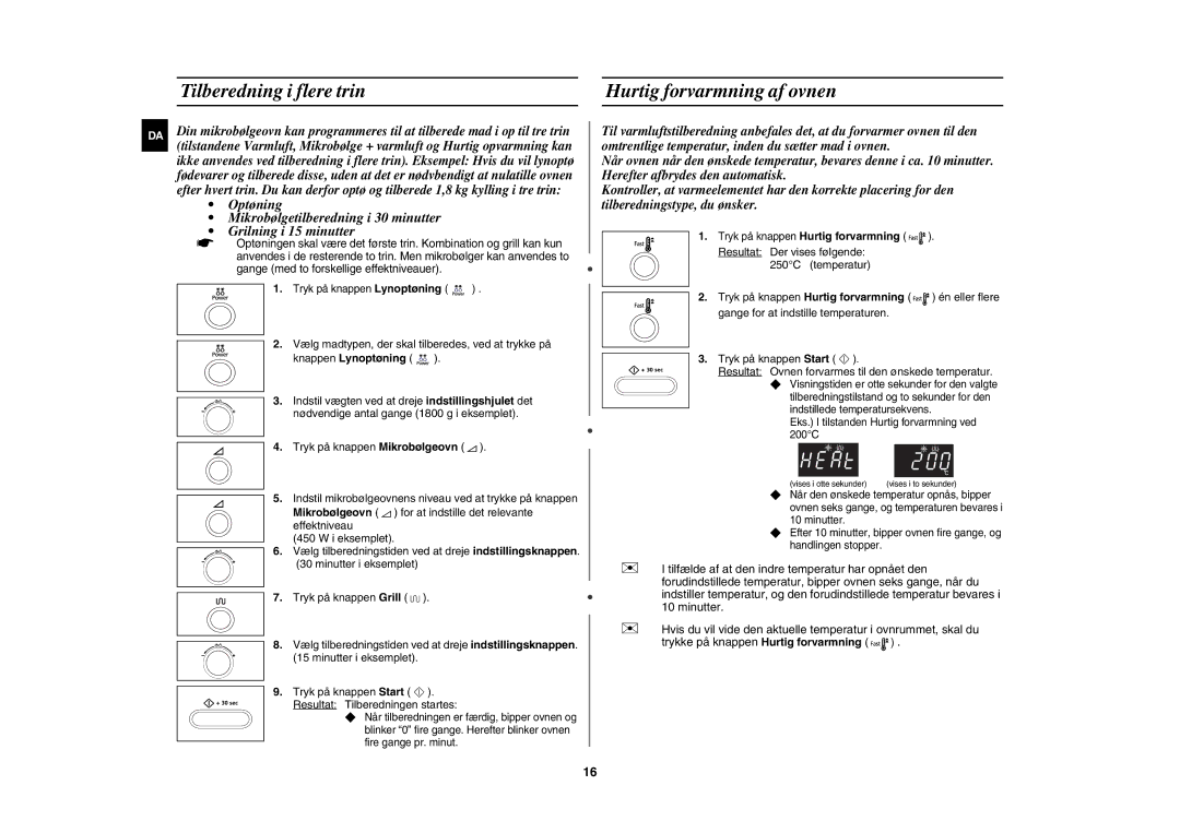 Samsung CE1071C/XEE manual Tilberedning i flere trin Hurtig forvarmning af ovnen, Tryk på knappen Mikrobølgeovn 