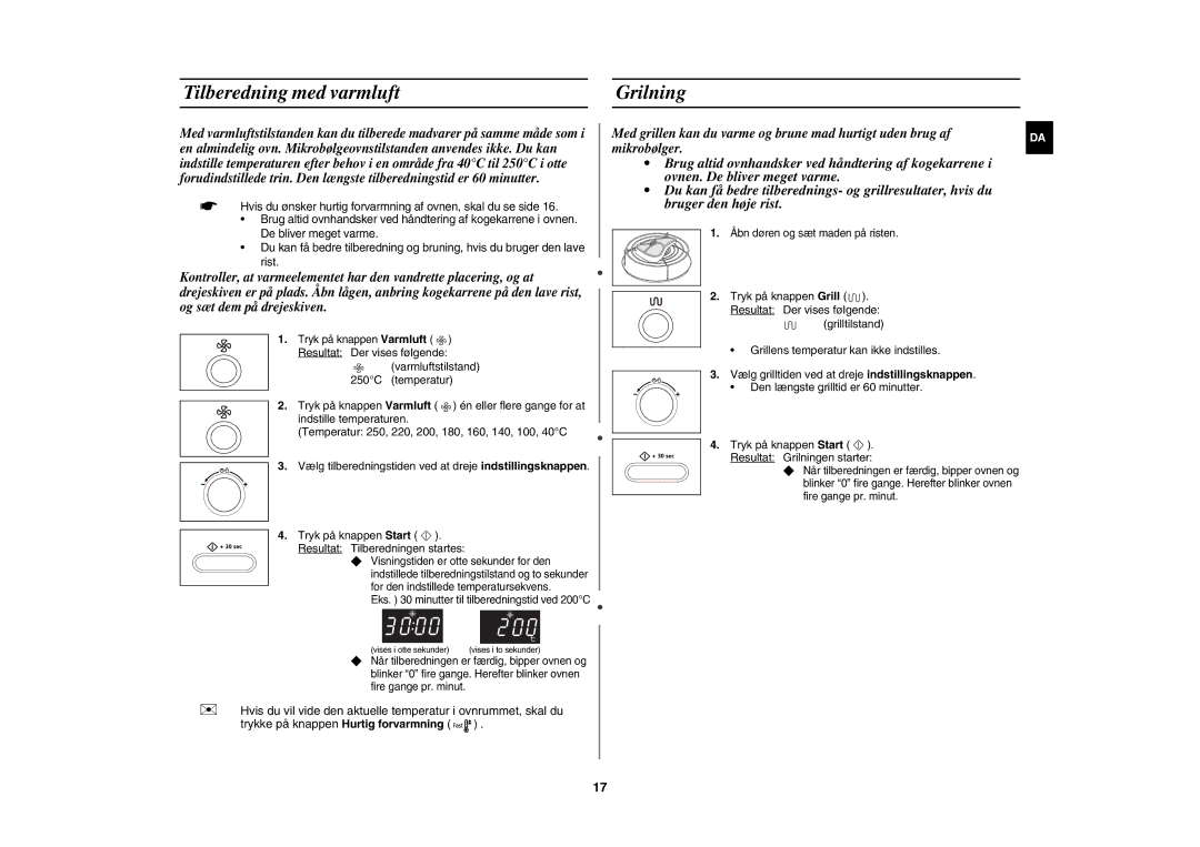 Samsung CE1071C/XEE manual Tilberedning med varmluft Grilning 