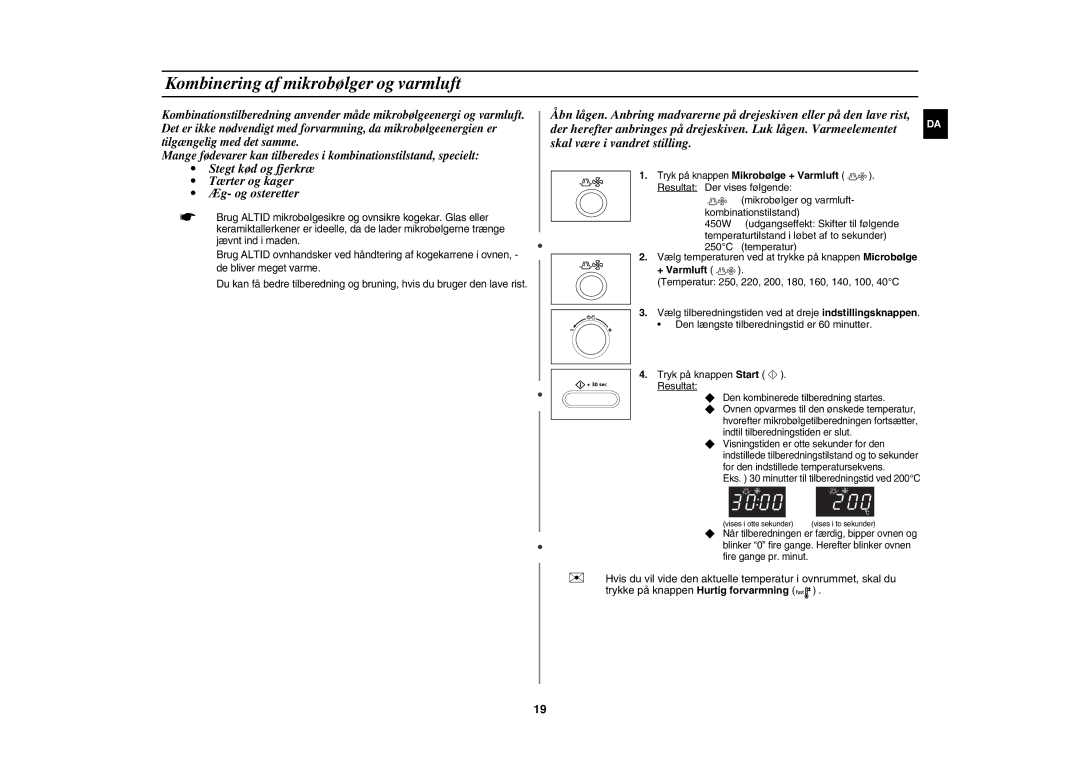 Samsung CE1071C/XEE manual Kombinering af mikrobølger og varmluft, Tryk på knappen Mikrobølge + Varmluft 