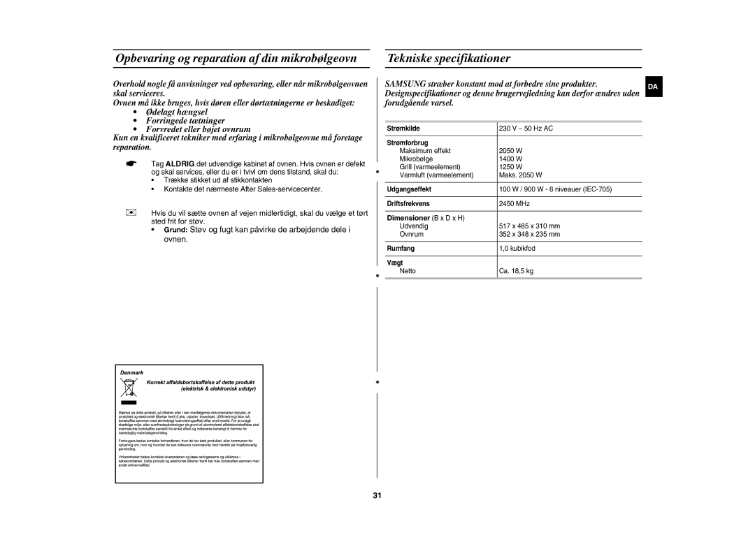 Samsung CE1071C/XEE Tekniske specifikationer, Samsung stræber konstant mod at forbedre sine produkter, Forudgående varsel 