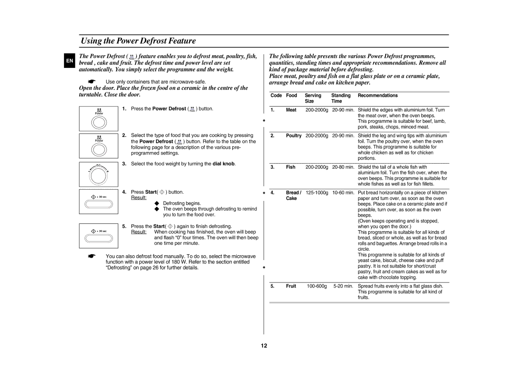 Samsung CE1071C/XEE manual Using the Power Defrost Feature,  Use only containers that are microwave-safe 