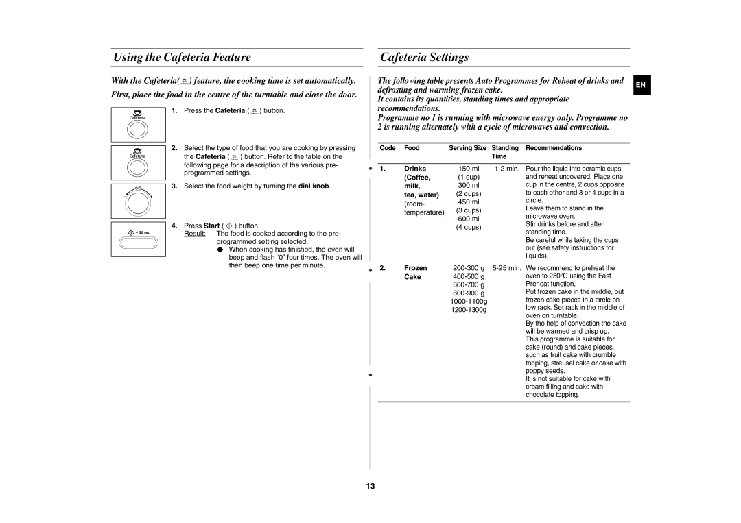 Samsung CE1071C/XEE manual Using the Cafeteria Feature Cafeteria Settings 