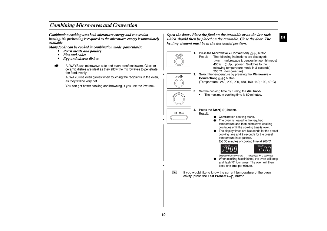 Samsung CE1071C/XEE manual Combining Microwaves and Convection, Press the Microwave + Convection button 