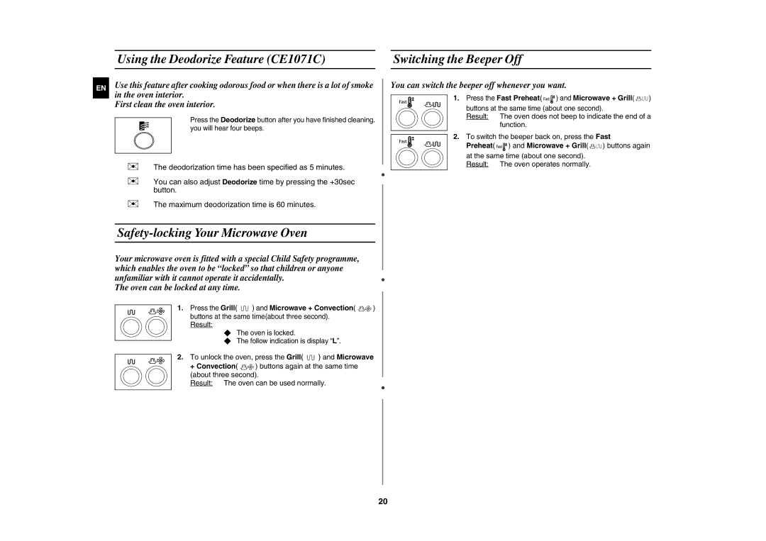 Samsung CE1071C/XEE manual Safety-locking Your Microwave Oven, Press the Fast Preheat and Microwave + Grill, Buttons again 
