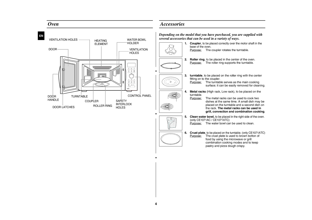 Samsung CE1071C/XEE manual Oven, Accessories, Purpose The water bowl can be used to clean 