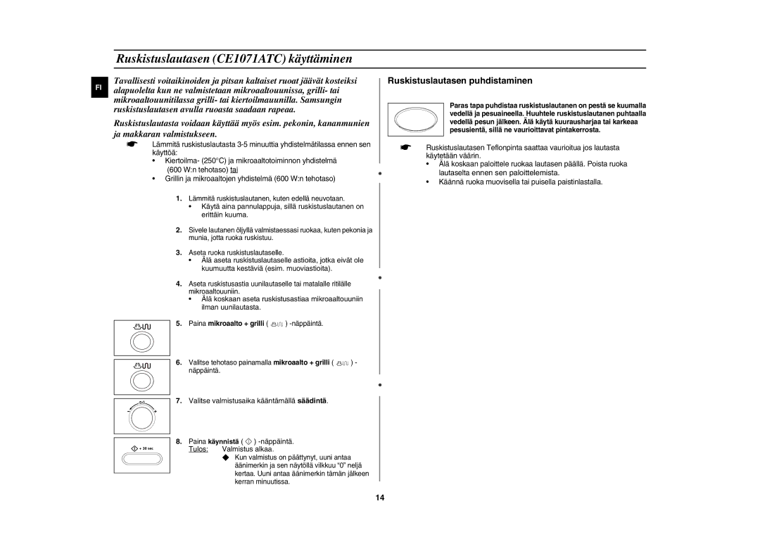 Samsung CE1071C/XEE manual Ruskistuslautasen CE1071ATC käyttäminen, Ruskistuslautasen puhdistaminen 