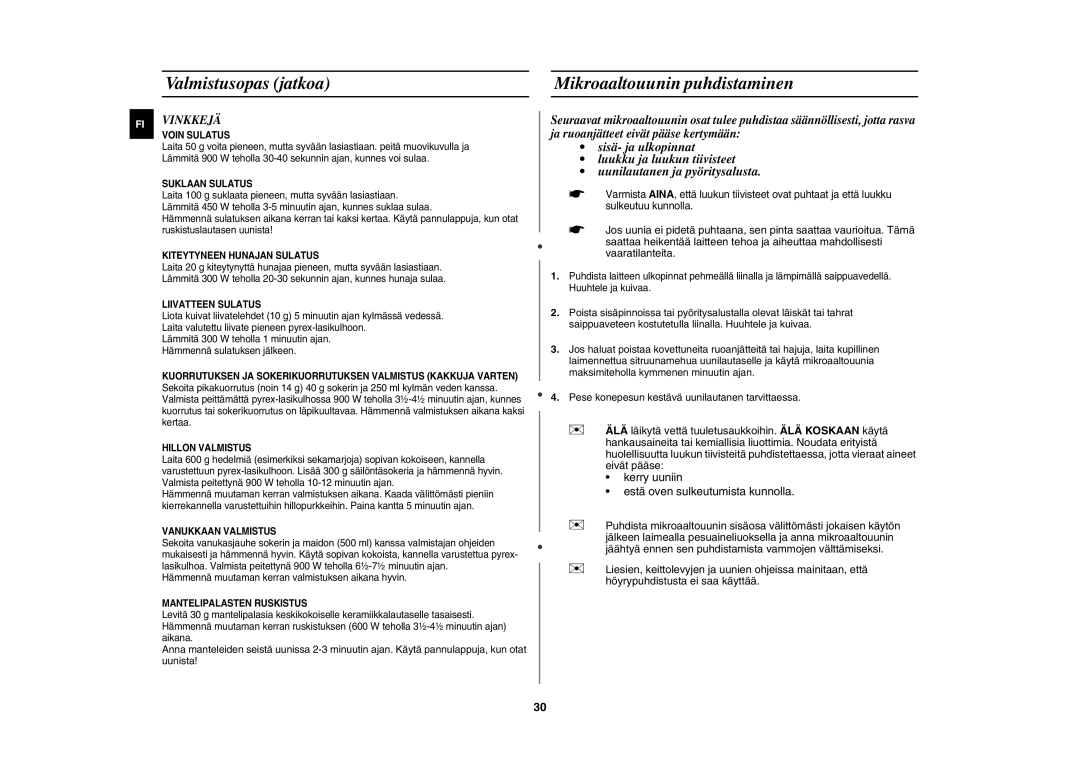 Samsung CE1071C/XEE manual Valmistusopas jatkoa Mikroaaltouunin puhdistaminen, Vinkkejä 