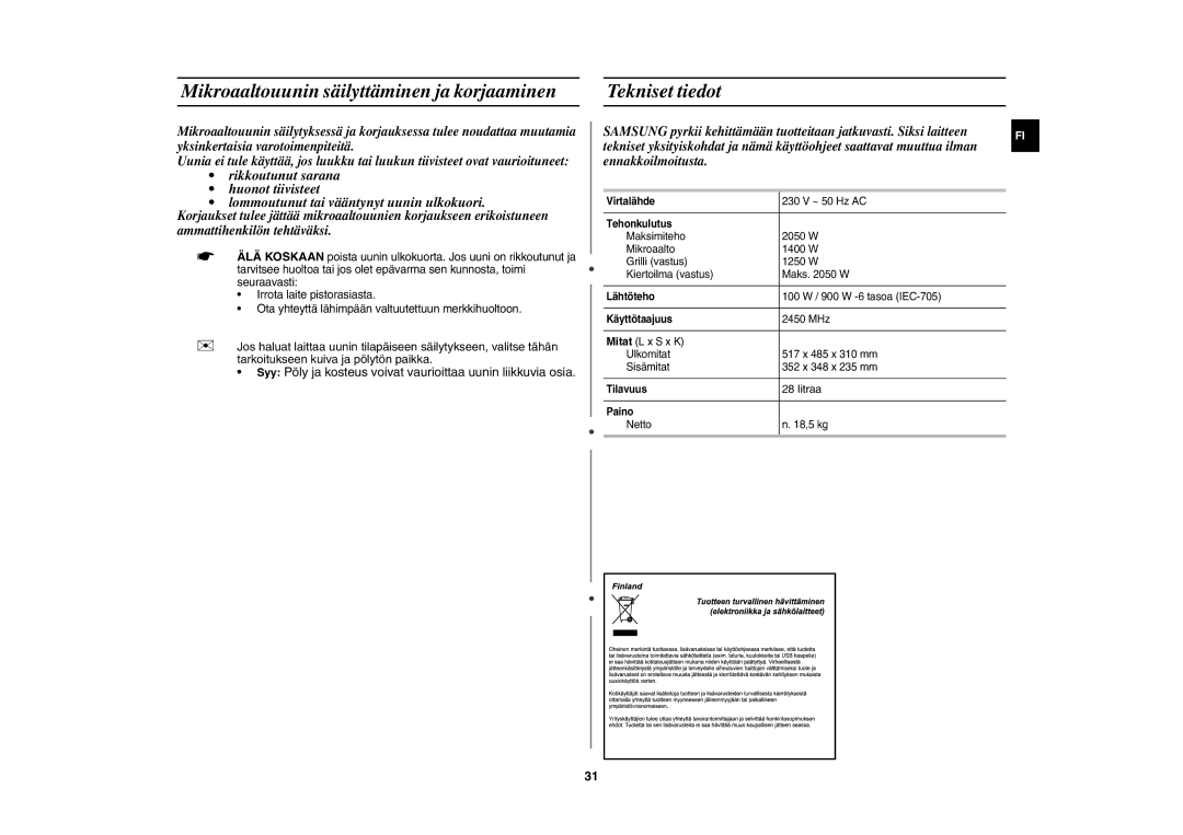 Samsung CE1071C/XEE manual Tekniset tiedot, Litraa 