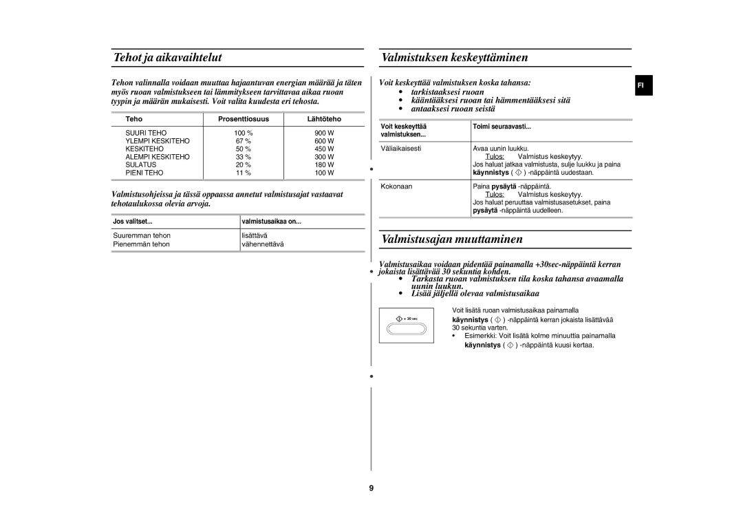 Samsung CE1071C/XEE manual Tehot ja aikavaihtelut Valmistuksen keskeyttäminen, Valmistusajan muuttaminen, Käynnistys 