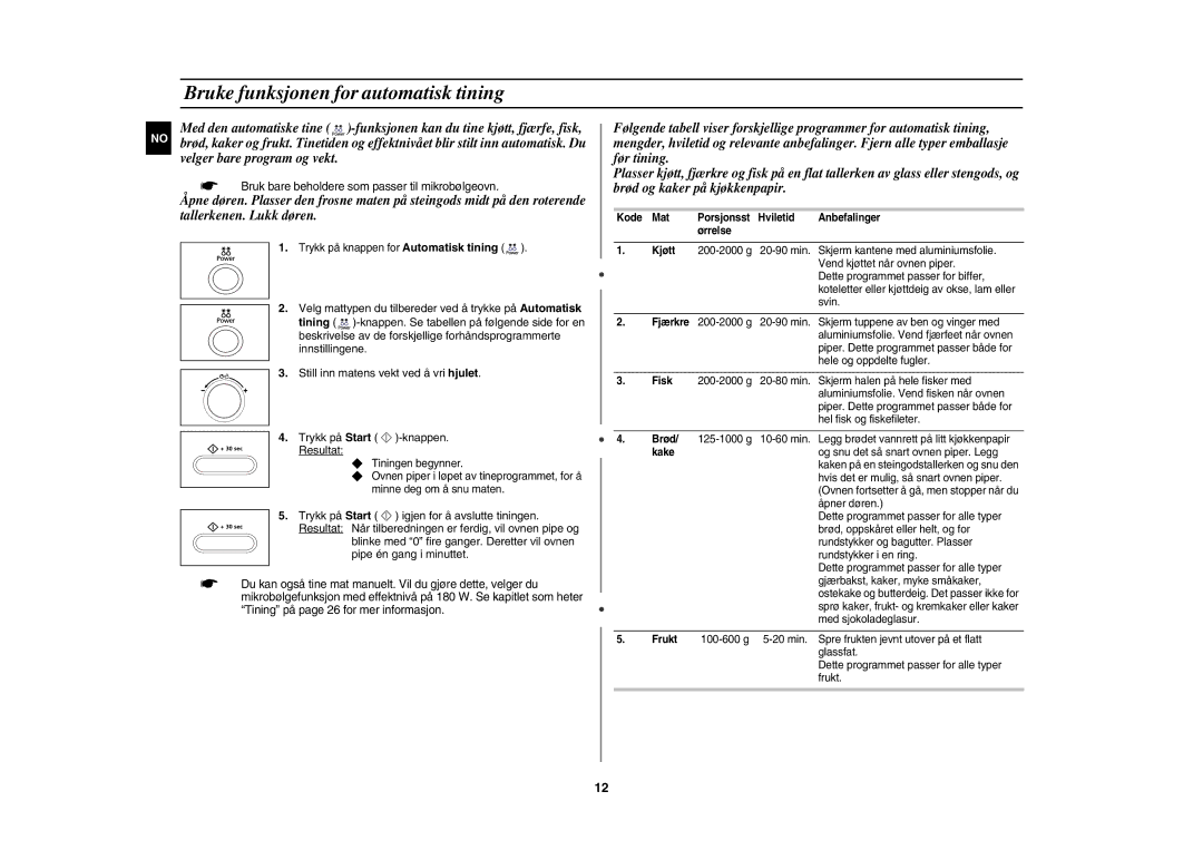 Samsung CE1071C/XEE manual Bruke funksjonen for automatisk tining,  Bruk bare beholdere som passer til mikrobølgeovn 