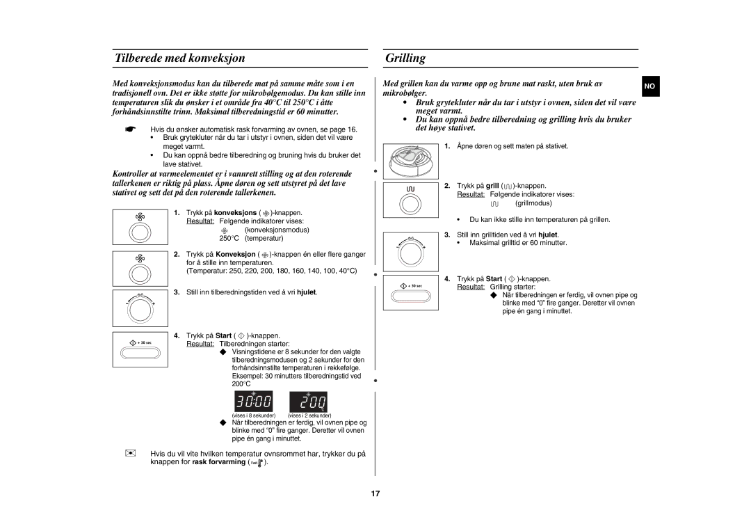 Samsung CE1071C/XEE manual Tilberede med konveksjon Grilling 