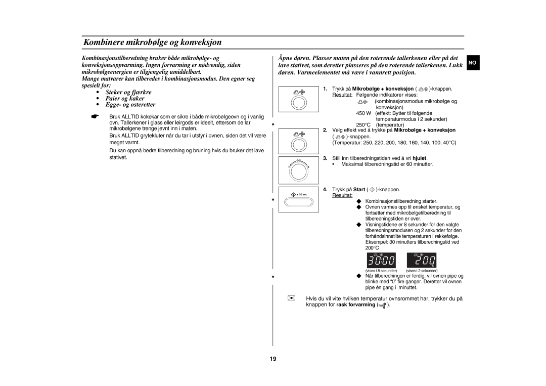 Samsung CE1071C/XEE manual Kombinere mikrobølge og konveksjon, Trykk på Mikrobølge + konveksjon 