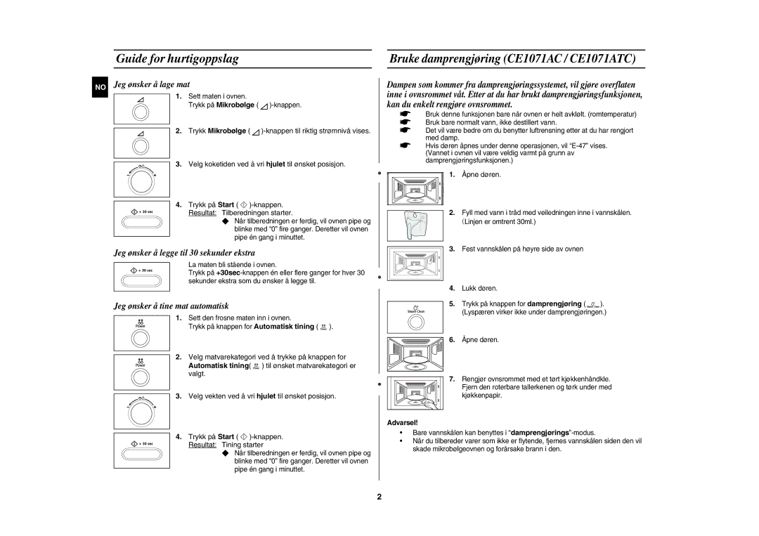 Samsung CE1071C/XEE manual Guide for hurtigoppslag, Åpne døren 