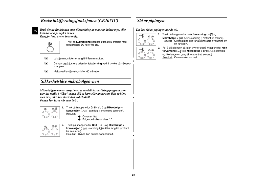 Samsung CE1071C/XEE manual Bruke luktfjerningsfunksjonen CE1071C Slå av pipingen, Sikkerhetslåse mikrobølgeovnen 