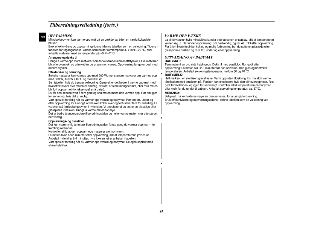 Samsung CE1071C/XEE manual Varme OPP Væske, Oppvarming AV Babymat 