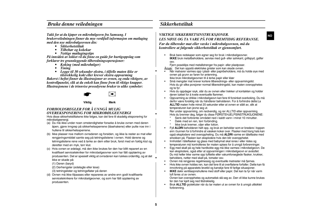 Samsung CE1071C/XEE manual Bruke denne veiledningen Sikkerhetstiltak, ViktigMerk 